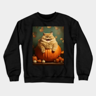 Retro Vintage: Chubby Cat and Pumpkin - Whimsical Autumn Halloween Delight Crewneck Sweatshirt